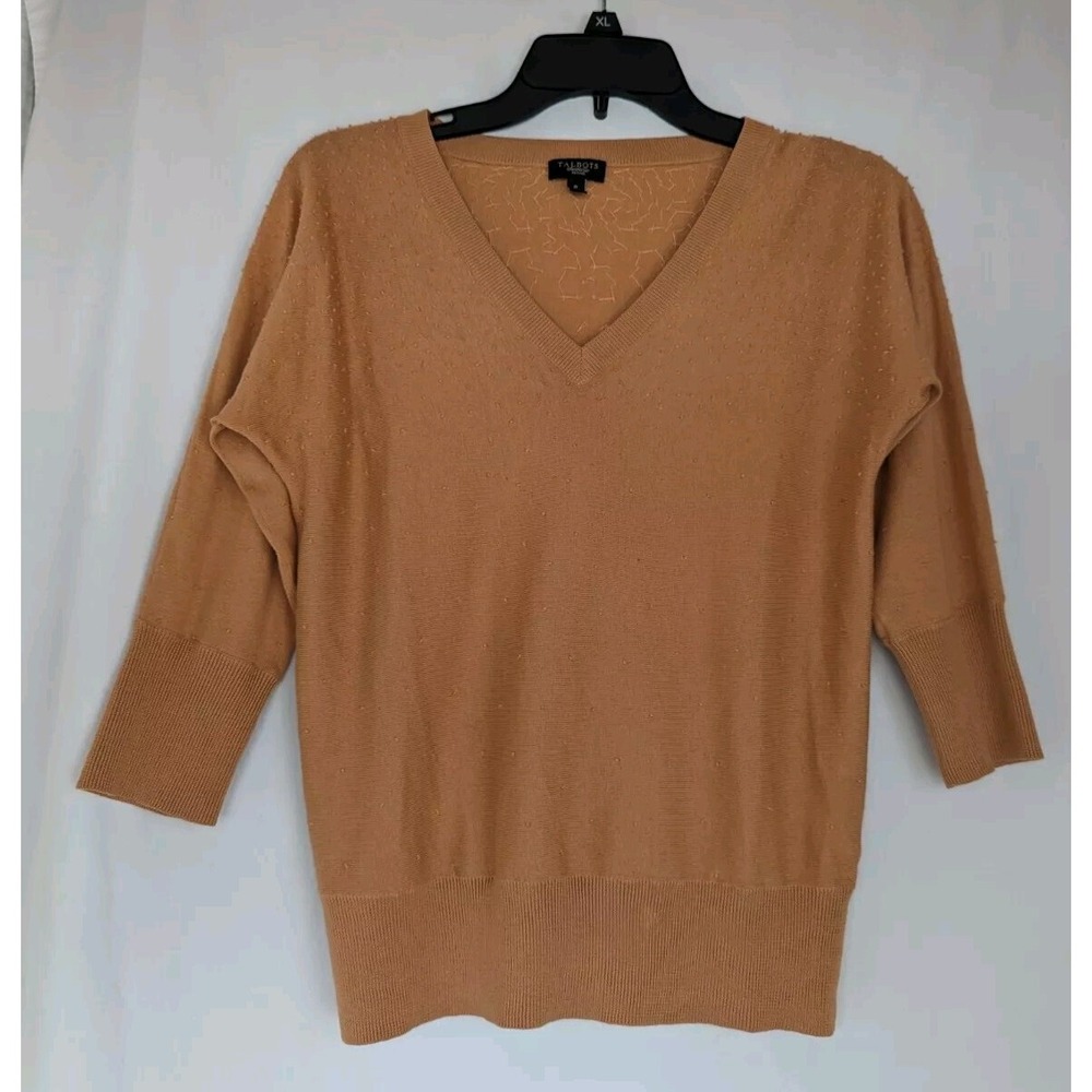 Talbots Sweater Women Sz SP Peach Silk Blend Peach V Neck Bead Embellished
